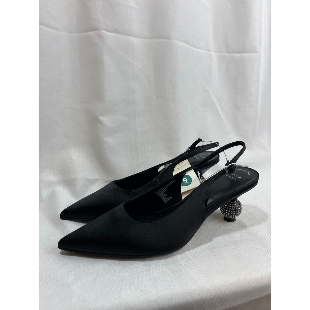 A New Day Womens Black Satin Pointed Toe Rhinestone Globe Heel Slingback Pumps 9